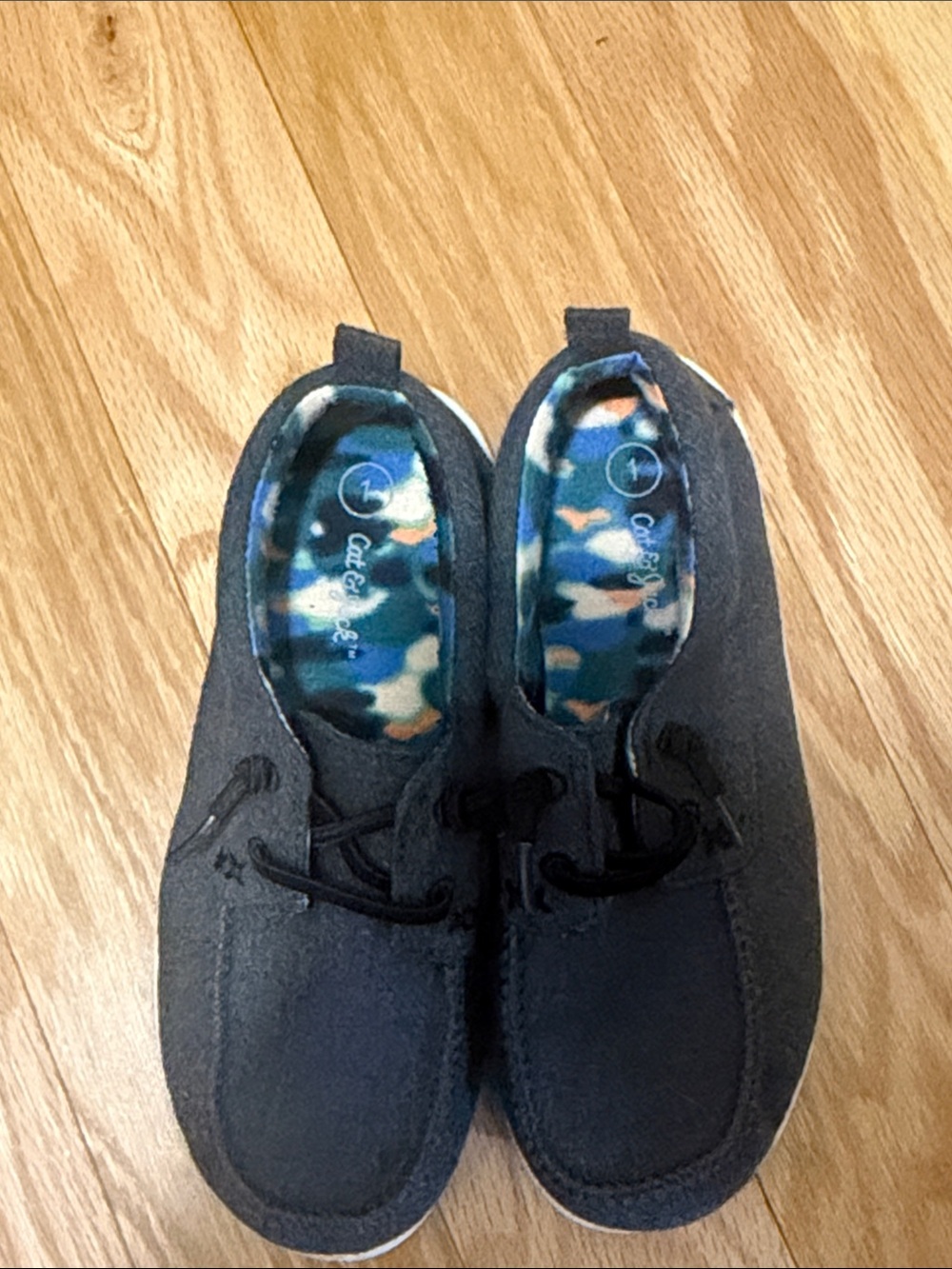 Cat & Jack Navy Moccasin Shoes with Multicolor Camouflage Insole